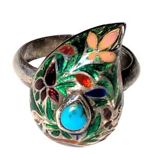 Sterling Silver Turquoise Teardrop Ring Multicolor Cloisonné Enamel Floral 5.5